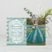Zilveren Royal Green Quinceanera Verjaardagsfoto Kaart (Staand voorkant)