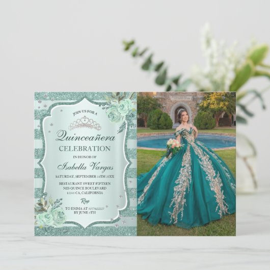 Zilveren Royal Green Quinceanera Verjaardagsfoto Kaart (Staand voorkant)