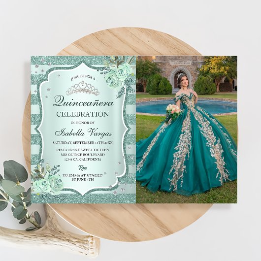 Zilveren Royal Green Quinceanera Verjaardagsfoto Kaart