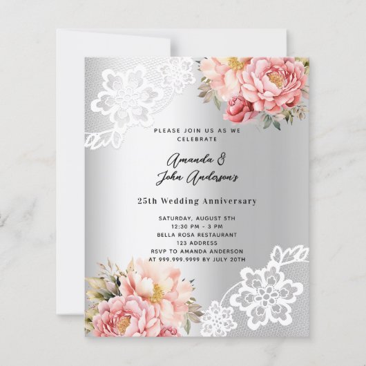 Zilveren roze 25ste huwelijksverjaardag uitnodigin (Voorkant)