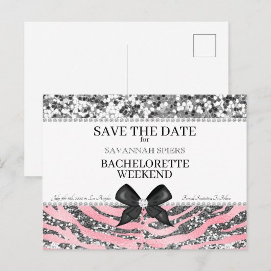 Zilveren Roze Bachelorette Weekend Save the Date Aankondigingskaart (Voorkant / Achterkant)