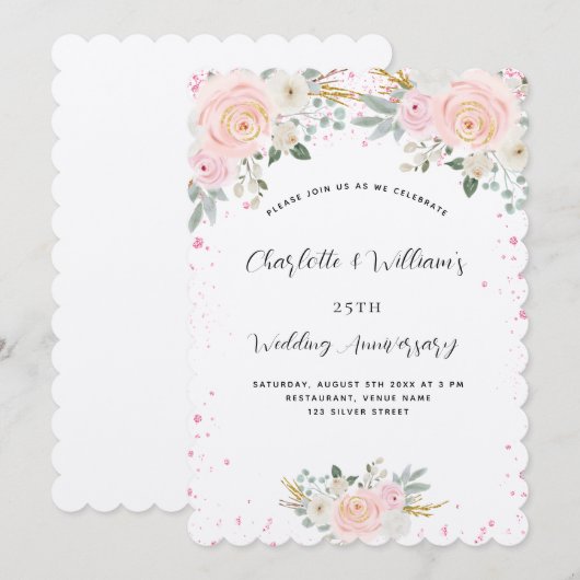 Zilveren roze bloem luxe 25e huwelijksjubileum kaart (Voorkant / Achterkant)