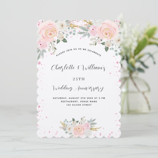 Zilveren roze bloem luxe 25e huwelijksjubileum kaart (Staand voorkant)