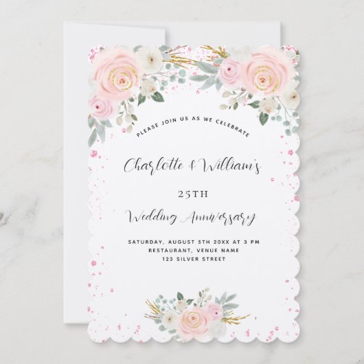 Zilveren roze bloemachtige 25e trouwdag luxe kaart (Voorkant)