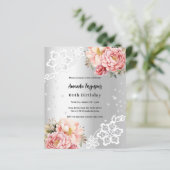 Zilveren roze bloemblaadjes kanten verjaardagsuitn (Staand voorkant)