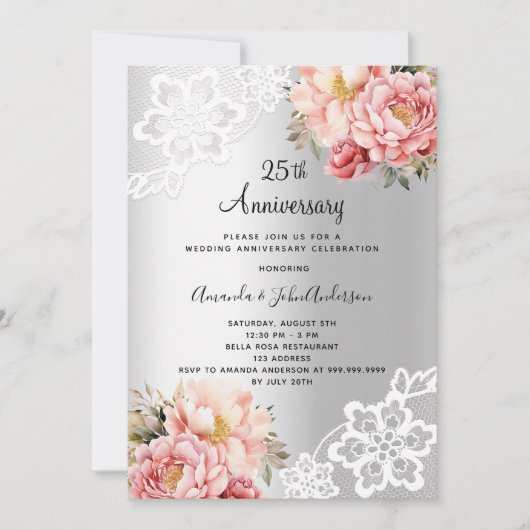 Zilveren roze bloemen 25e trouwdag kaart (Voorkant)