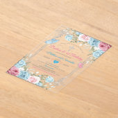 Zilveren Roze Bloemen Baby Blauw Doopsel 1e verjaa Acryl Uitnodigingen (Laagn)