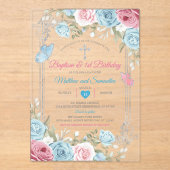 Zilveren Roze Bloemen Baby Blauw Doopsel 1e verjaa Acryl Uitnodigingen (Voorkant)