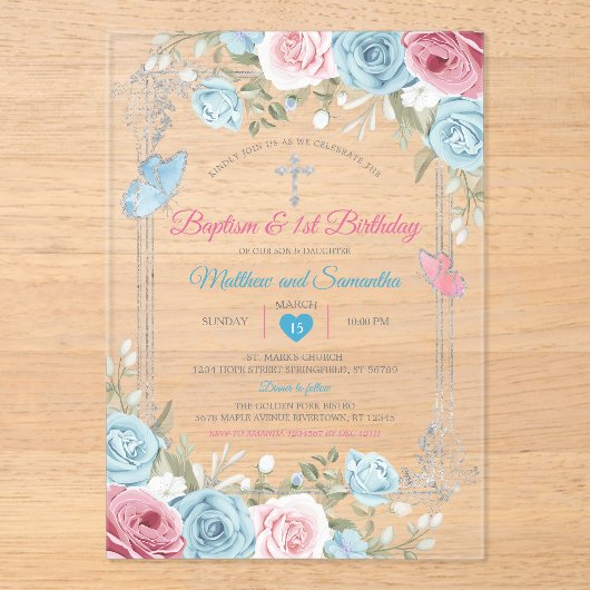 Zilveren Roze Bloemen Baby Blauw Doopsel 1e verjaa Acryl Uitnodigingen (Voorkant)