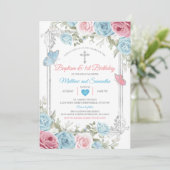 Zilveren Roze Bloemen Baby Blauw Doopsel 1e verjaa Kaart (Staand voorkant)