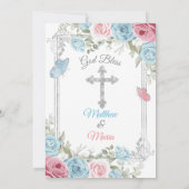 Zilveren Roze Bloemen Baby Blauw Doopsel 1e verjaa Kaart (Achterkant)