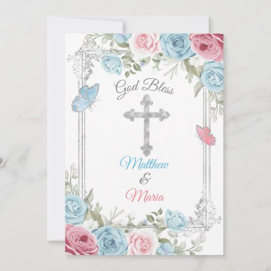 Zilveren Roze Bloemen Baby Blauw Doopsel 1e verjaa Kaart (Achterkant)