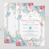 Zilveren Roze Bloemen Baby Blauw Doopsel 1e verjaa Kaart (Voorkant / Achterkant)