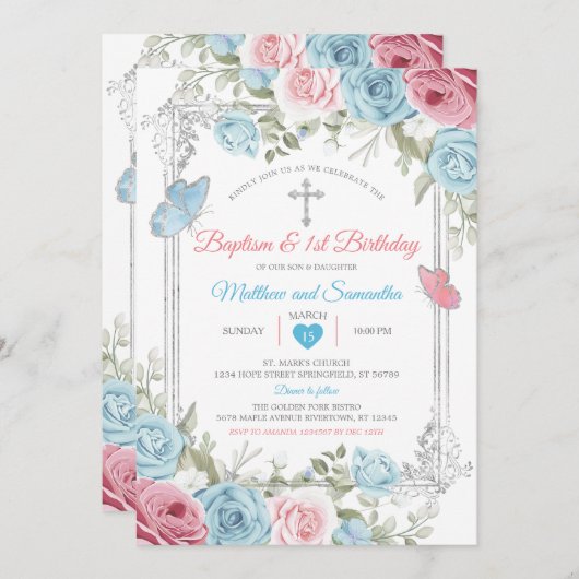 Zilveren Roze Bloemen Baby Blauw Doopsel 1e verjaa Kaart (Voorkant / Achterkant)