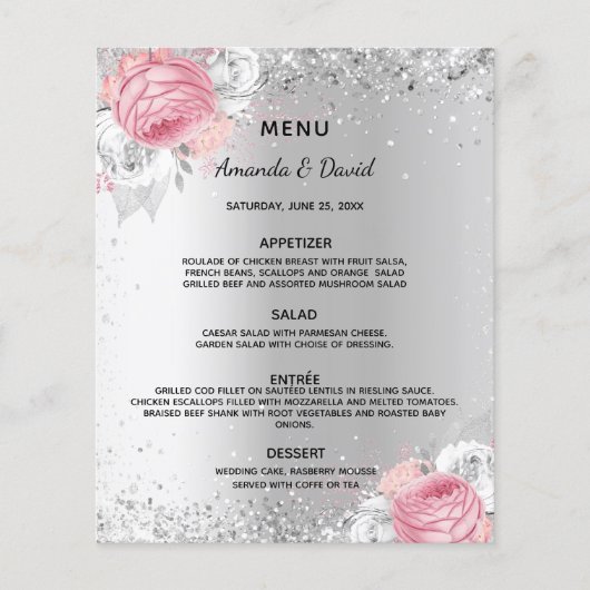 Zilveren roze bloemen bruiloft menu (Voorkant)