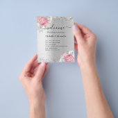 Zilveren roze bloemen bruiloft programma flyer (Hand)