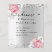 Zilveren roze bloemen bruiloft programma flyer (Voorkant)