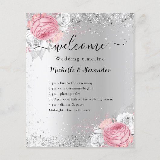 Zilveren roze bloemen bruiloft programma flyer (Voorkant)