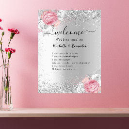 Zilveren roze bloemen bruiloft programma poster