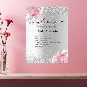 Zilveren roze bloemen bruiloft programma poster