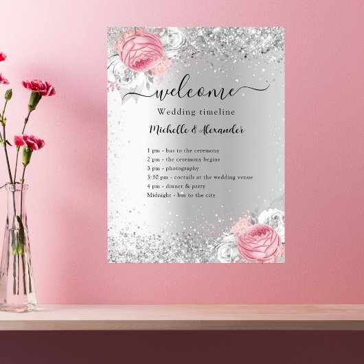 Zilveren roze bloemen bruiloft programma poster