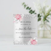 Zilveren roze bloemen bruiloft save the date kaart (Staand voorkant)