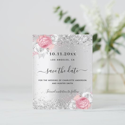 Zilveren roze bloemen bruiloft save the date kaart (Staand voorkant)