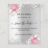 Zilveren roze bloemen bruiloft save the date kaart (Voorkant)