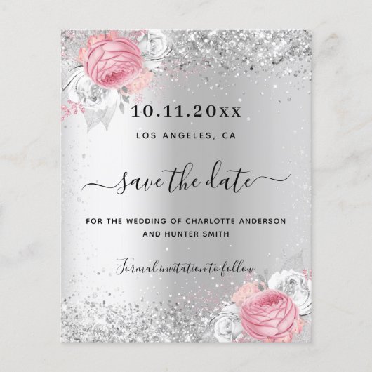 Zilveren roze bloemen bruiloft save the date kaart (Voorkant)