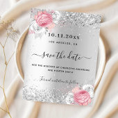 Zilveren roze bloemen bruiloft save the date kaart