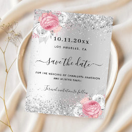 Zilveren roze bloemen bruiloft save the date kaart