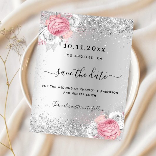 Zilveren roze bloemen bruiloft save the date kaart