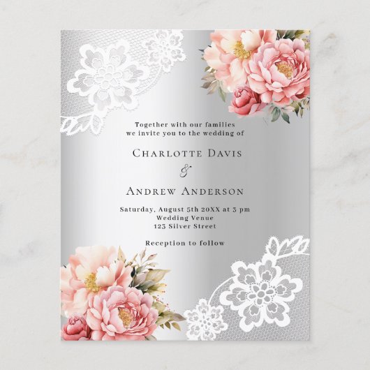 Zilveren roze bloemen bruiloft uitnodiging (Voorkant)