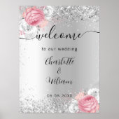 Zilveren roze bloemen bruiloft welkom teken poster (Voorkant)