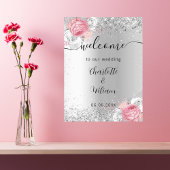 Zilveren roze bloemen bruiloft welkom teken poster