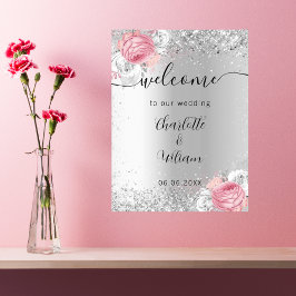 Zilveren roze bloemen bruiloft welkom teken poster