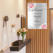 Zilveren roze bloemen bruiloft welkom teken poster