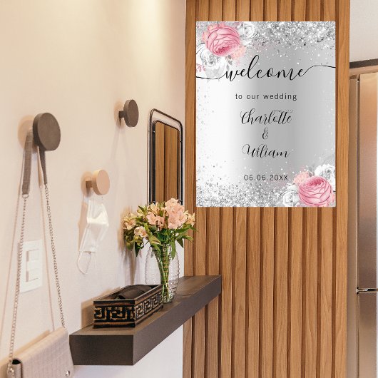 Zilveren roze bloemen bruiloft welkom teken poster