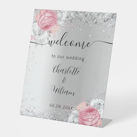 Zilveren roze bloemen bruiloft welkom teken reclamebord met voetstuk (Voorkant)