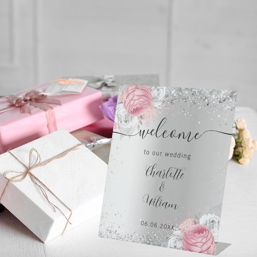 Zilveren roze bloemen bruiloft welkom teken reclamebord met voetstuk