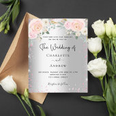 Zilveren roze bloemen budget bruiloft uitnodiging