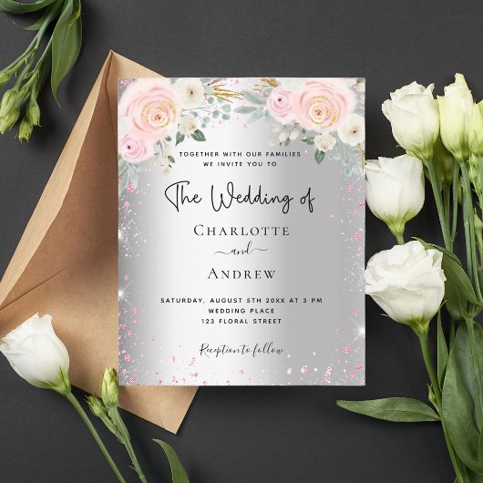 Zilveren roze bloemen budget bruiloft uitnodiging