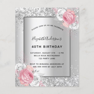 Zilveren roze bloemen budget uitnodiging flyer