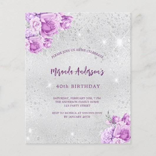 Zilveren roze bloemen budget verjaardag uitnodigin flyer (Voorkant)