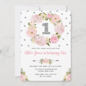 Zilveren Roze Bloemen Eerste 1e Verjaardag Uitnodi Kaart (Voorkant)