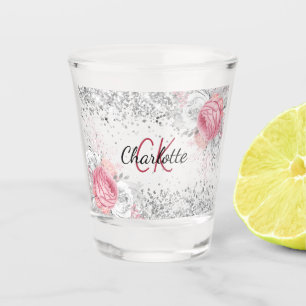 Zilveren roze bloemen eleganate monogramnaam shot glas