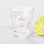 Zilveren roze bloemen elegante monogramnaam shot glas (Achterkant)