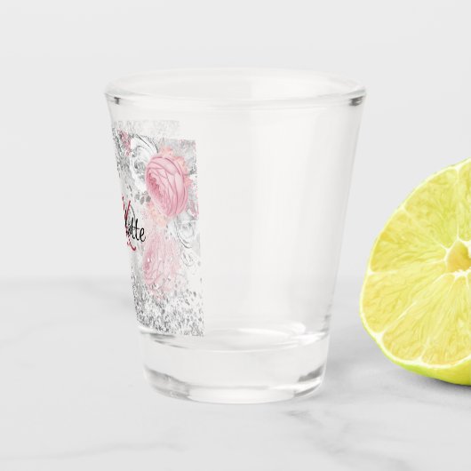 Zilveren roze bloemen elegante monogramnaam shot glas (Rechts)