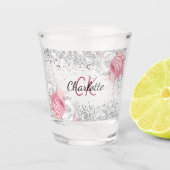 Zilveren roze bloemen elegantere monogramnaam shot glas (Voorkant)