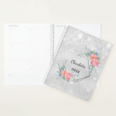 Zilveren roze bloemen glitter naam elegant planner (Display)